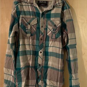 Buckle Black Teal and Gray Plaid Button-Down Shirt